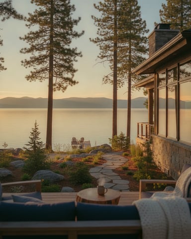 Modern lakeside cabin with stone exterior and large windows overlooking calm lake and forested mountains at sunset