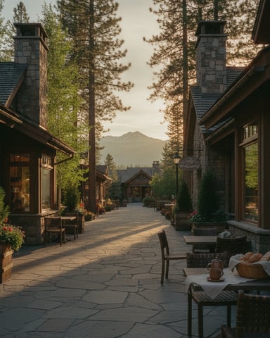 Stone buildings with chimneys line a paved courtyard surrounded by tall pine trees, with mountains visible in the distance.