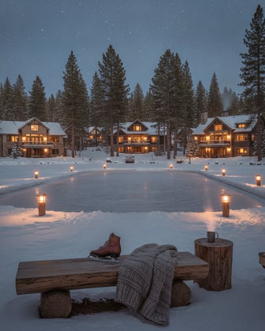 Frozen pond with lit lanterns, wooden bench with blanket and skates, illuminated cabins and tall pines at dusk