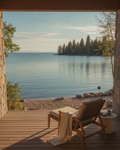 Wooden deck with lounge chair overlooking calm lake, sandy beach, and forested shoreline