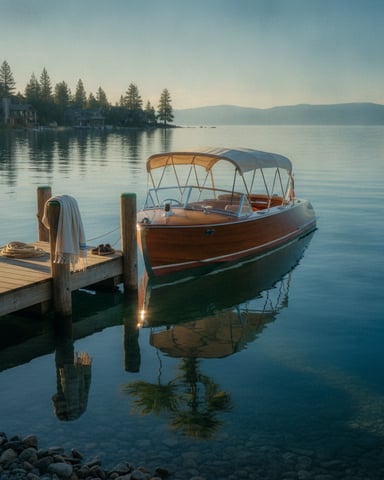 Wooden boat with canvas canopy moored at dock on calm alpine lake with forested shoreline and mountains.