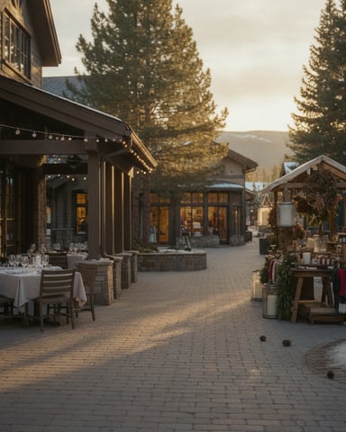 Outdoor courtyard with stone buildings, dining tables, market stalls, and tall pine trees at dusk