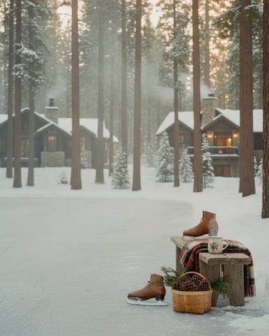 Snowy forest clearing with wooden cabins, ice skates, basket of pinecones, and hot beverage on tree stump