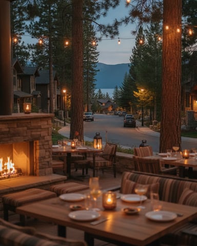 Outdoor dining patio with fireplace, string lights, and mountain lake view at dusk