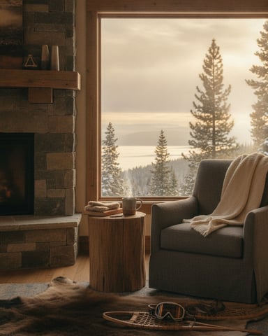 Cozy cabin interior with stone fireplace, armchair, and large window overlooking snowy forest and lake