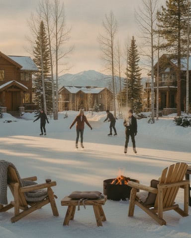 Snowy mountain resort with wooden cabins, people ice skating on frozen pond, firepit with Adirondack chairs in foreground.
