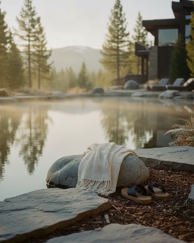 Modern house with pool overlooking pine forest and mountains, towel and sandals on stone deck