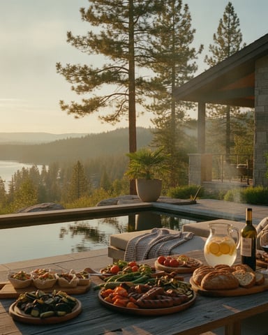 Modern stone house with infinity pool overlooking forested lake and mountains, outdoor dining spread with food and wine