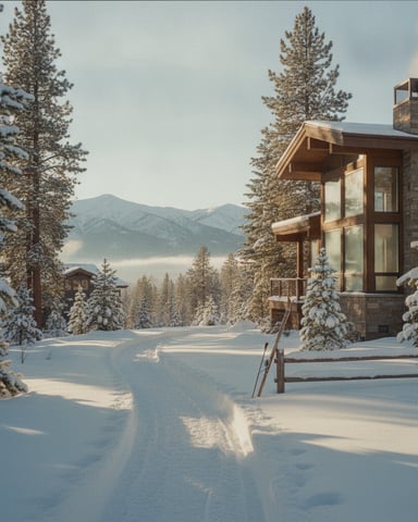 Modern brick cabin with large windows in snowy mountain landscape surrounded by pine trees and distant peaks