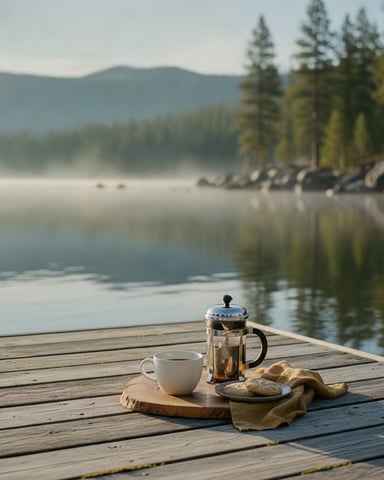 Coffee and pastries on wooden dock overlooking calm lake with forested mountains and morning mist