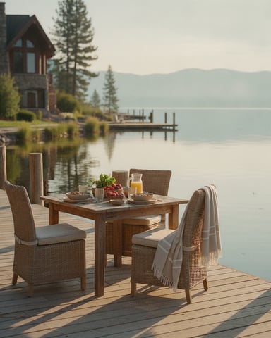 Waterfront deck with dining table, wicker chairs, and breakfast spread overlooking calm lake and mountains