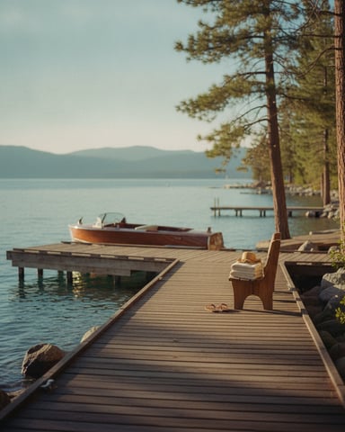 Wooden dock extending into calm lake with moored boat, pine trees, and mountains in background
