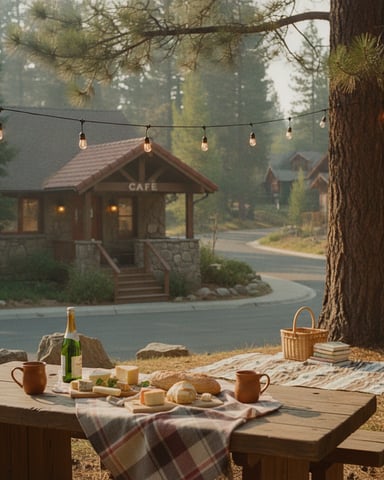 Picnic table under tall tree with wine, bread, and cheese, overlooking cafe building and forest in misty background with string lights overhead.