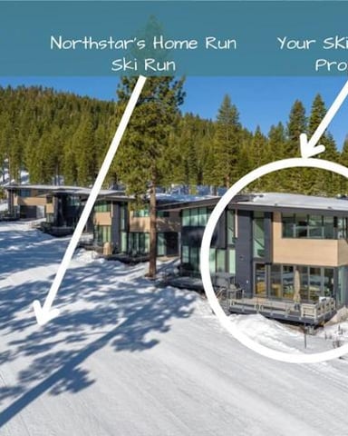 Modern ski-in ski-out cabin with labeled arrows pointing to Northstar's Home Run ski run and the property, surrounded by snow and pine forest