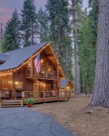 Illuminated wooden cabin with metal roof nestled among tall evergreen trees at dusk, American flag displayed on front.