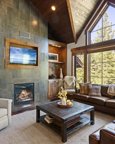 Modern living room with stone fireplace, leather seating, wood shelving, and large windows overlooking forested mountains