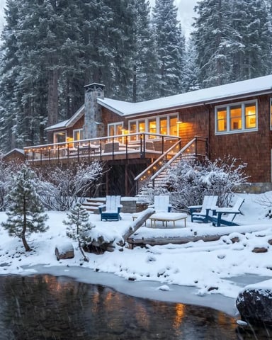 Modern brown cabin with lit windows on elevated deck overlooking snowy forest clearing and partially frozen stream.