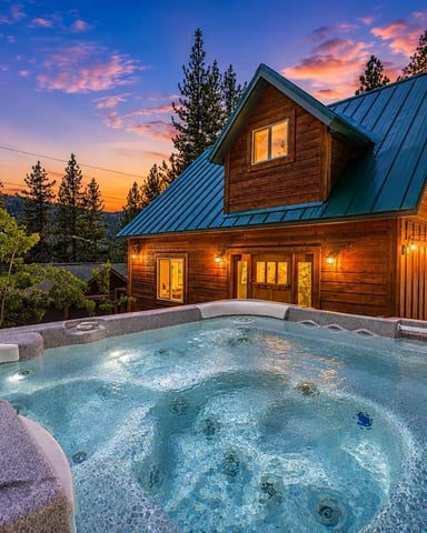 Hot tub on deck overlooking illuminated wood cabin with metal roof, forested mountains, and lake at sunset