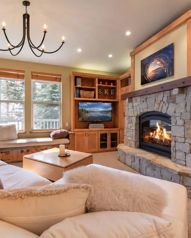 Luxury bedroom suite with fireplace, built-in window seat, wood cabinetry, and mountain view through large windows