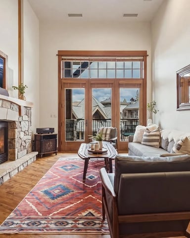 Living room with stone fireplace, wood-framed glass doors opening to balcony, brown leather seating, and hardwood floors