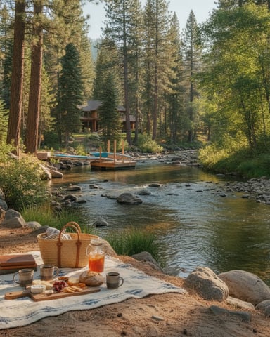 Picnic setup on riverbank with cabin and wooden dock visible across forested stream