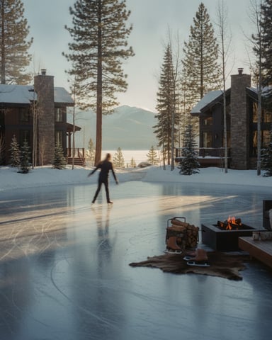 Person ice skating on frozen pond between two stone houses with mountain and forest views