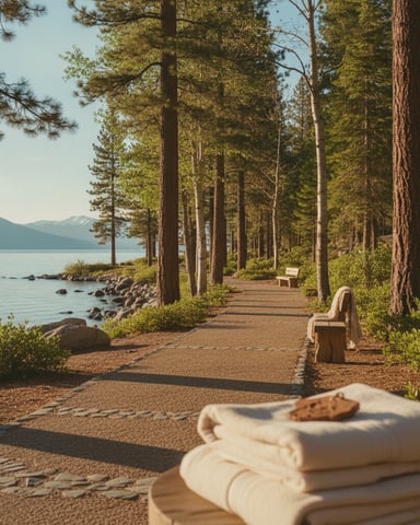 Lakeside forest path with tall pine trees, wooden benches, towels in foreground, and mountain view across water