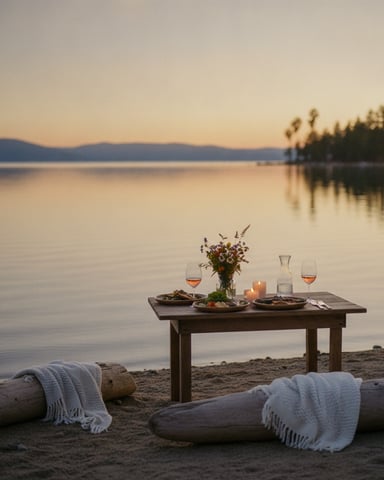 Lakeside dinner setup at sunset with table, wine glasses, flowers, and blankets on driftwood logs