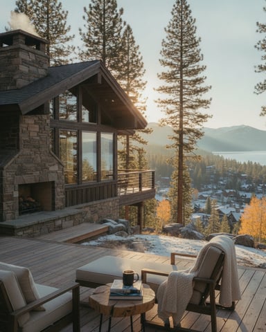 Modern stone cabin with fireplace and large windows overlooking mountain lake and pine forest at sunset