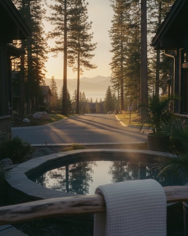 Hot tub overlooking tree-lined driveway with lake and mountains at sunset