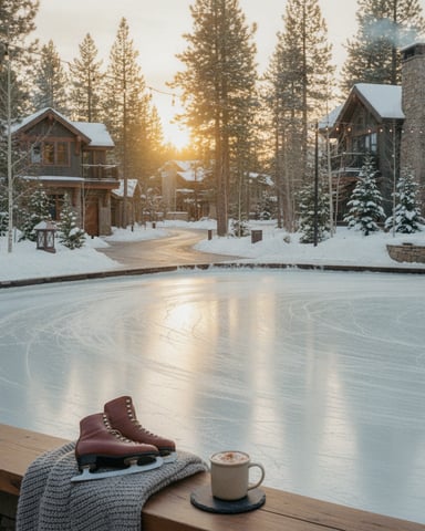 Frozen ice rink with ice skates and hot beverage in foreground, wooden lodge buildings and snow-covered pine forest at sunset