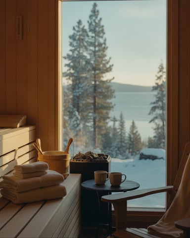 Sauna interior with towels, wooden bucket, and mugs overlooking snowy forest and frozen lake