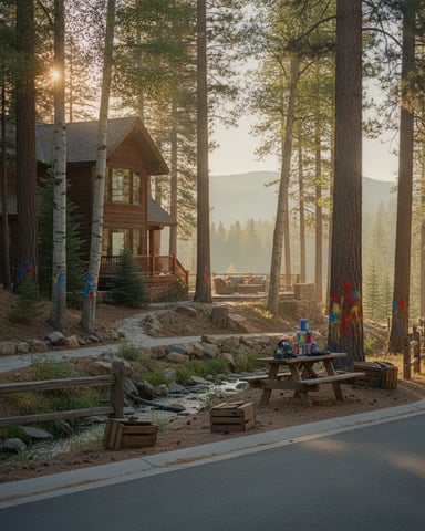 Modern cabin with tower nestled among tall pine trees, picnic table and fire pit in foreground, mountain lake visible beyond