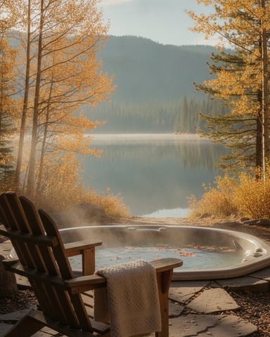 Adirondack chair beside hot tub overlooking autumn forest and misty mountain lake