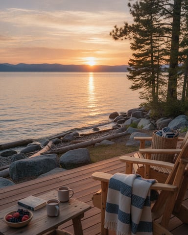 Wooden deck with Adirondack chairs overlooking lake at sunset, pine trees, rocky shoreline, and coffee mugs on table