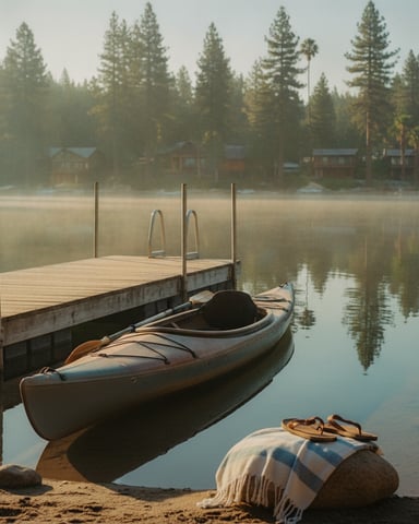 Wooden dock with kayaks on misty lake, conifer forest and cabins in background