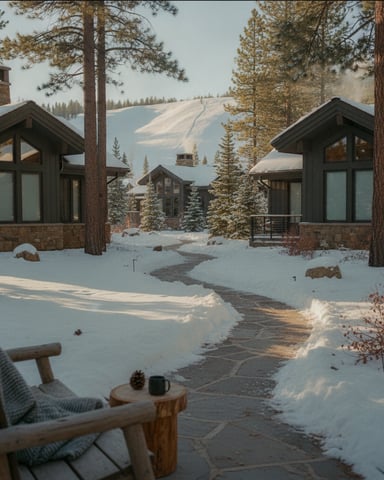Modern mountain cabins with large windows nestled among tall pines in snowy landscape with ski slope visible in distance