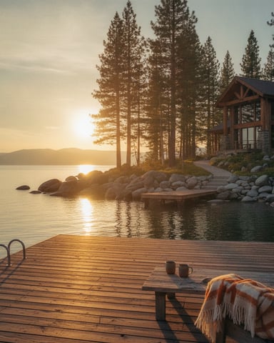 Wooden dock at sunset overlooking lake with cabin, pine trees, and rocky shoreline in background