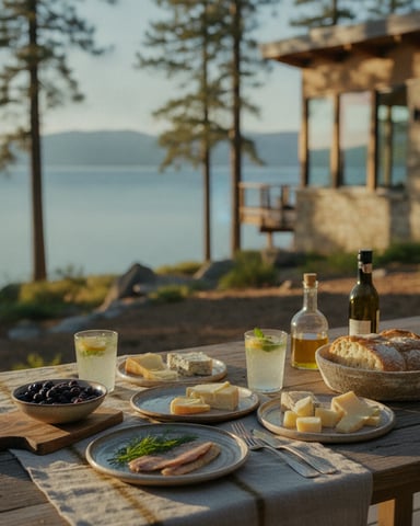 Outdoor dining table with charcuterie spread, wine bottles, and lake view with mountains and pine trees in background