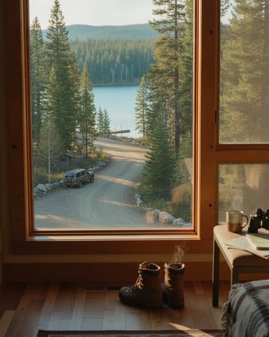Cabin window view of forested lake with dock, dirt road, and parked vehicle below