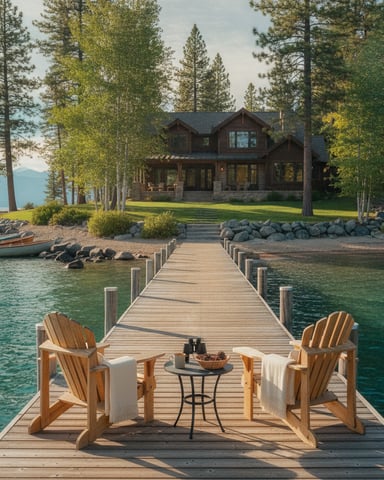 Wooden dock with Adirondack chairs overlooking lake, modern house nestled among tall pines on shoreline