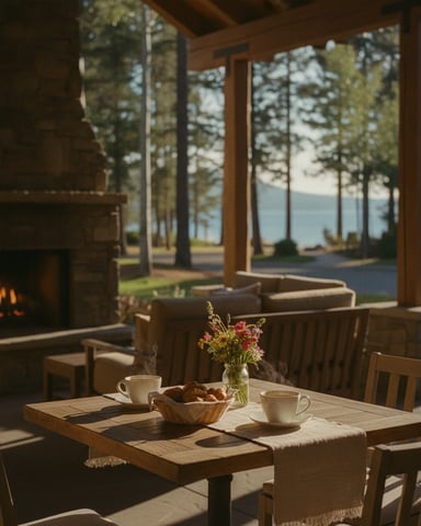 Covered patio with wooden table set for breakfast, fireplace, and lake view through pine trees