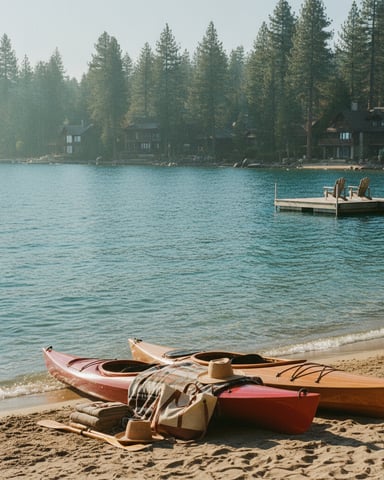 Kayaks on sandy beach with turquoise lake, wooden dock, and pine forest-lined shore with cabins