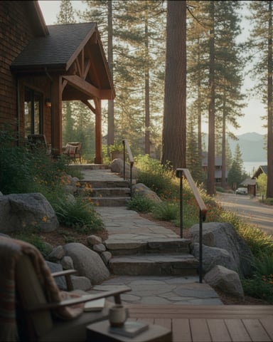 Wooden cabin with stone pathway and wooden pergola entrance, surrounded by tall pine trees with lake and mountains visible in distance