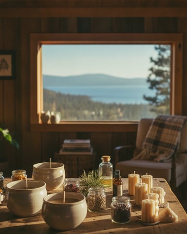 Wooden cabin interior with candles and botanicals on table, mountain lake view through large window