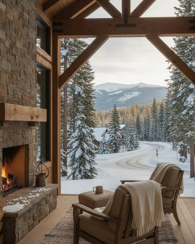 Stone fireplace with burning fire and wooden beam structure framing snowy mountain landscape with evergreen forest and frozen lake.
