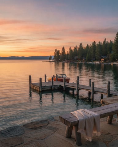 Wooden dock with red boat at sunset on alpine lake, pine forest and mountains in background