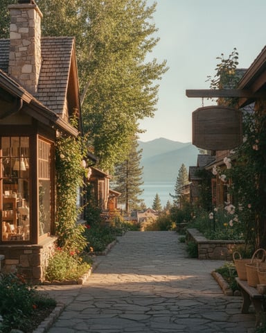 Stone cottage alley with ivy-covered buildings, mountain lake view, and flowering plants in morning light
