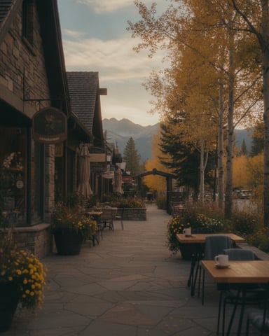Outdoor pedestrian walkway lined with stone buildings, shops, and golden autumn trees with mountain views in background