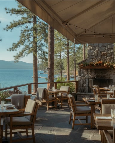 Covered patio dining area with stone fireplace, wooden furniture, and lake view through tall pine trees